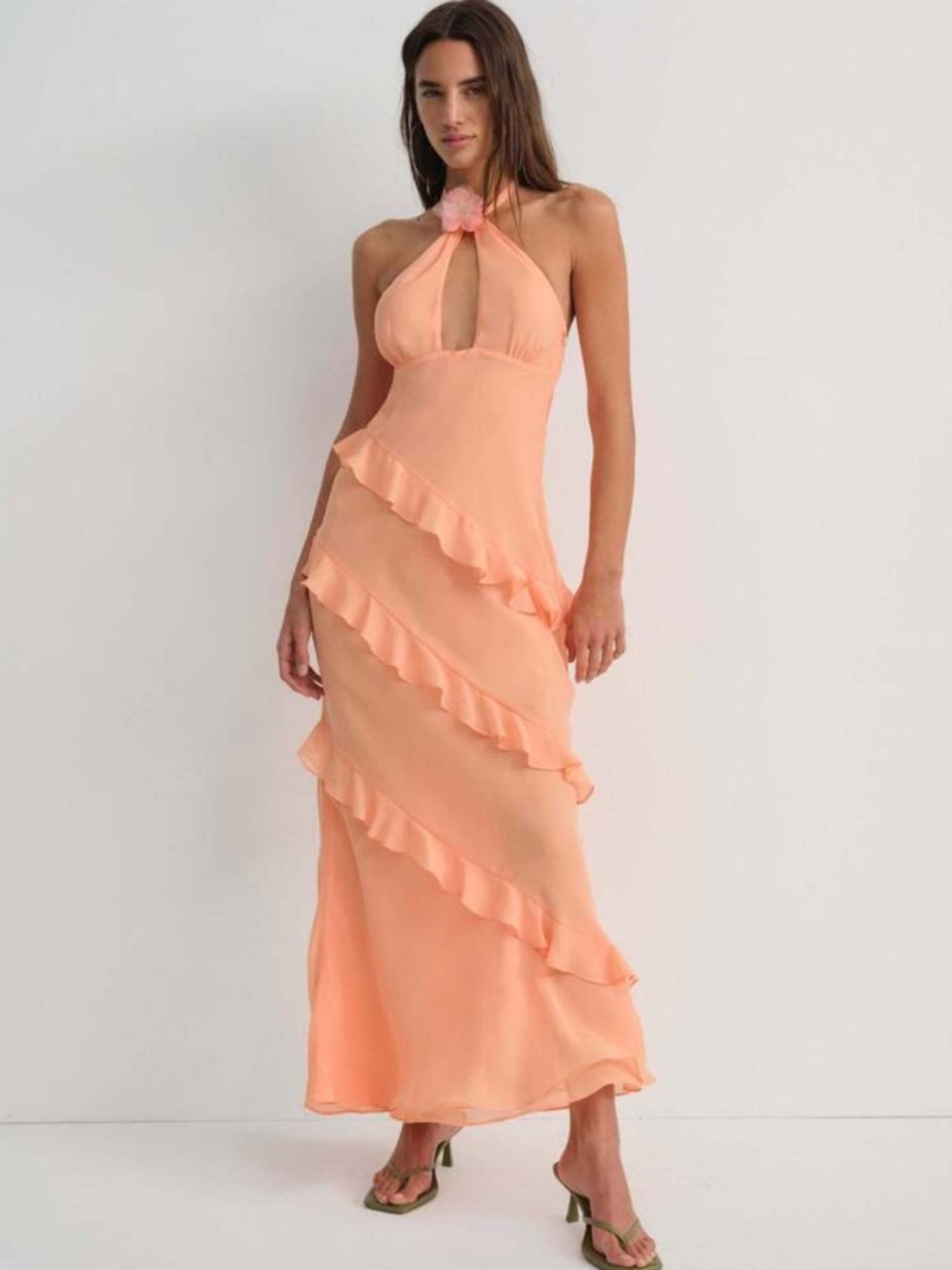 For Love And Lemons Peach Halter Ruffle Maxi Dress